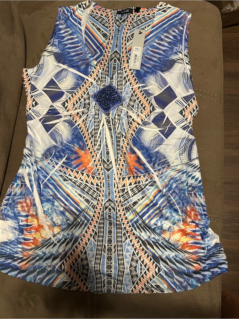 Apt. 9 Blue and Orange Geo-Print Embellished Sleeveless Camisole